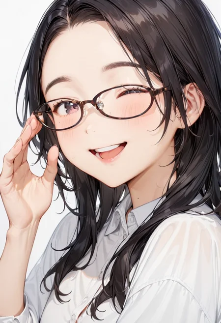 masterpiece, best quality, very aesthetic, absurdres,
1girl, solo, black hair, long hair,
oval_cell, glasses, brown-framed eyewear,
collared shirt, happy, smile, looking at another, adjusting eyewear, white background, simple background,
<lora:oval_glasses_cell-frame2_SDXL_V1:1>