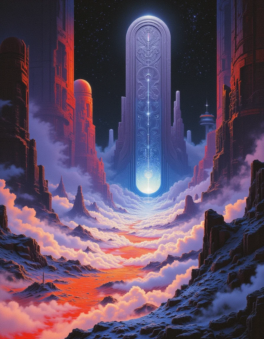 Neo-Futurism, Pop Art style A surreal, dreamlike landscape on a planet where gravity seems to bend and warp in impossible ways. Rolling hills made of misty, ethereal fog stretch towards the sky like giant, surreal sculptures. A lone, glowing portal rises from the heart of the landscape, its surface etched with cryptic symbols that seem to hold the secrets of the universe. The air is filled with the faint scent of stardust and the distant whispers of ancient civilizations <lora:sxz-Dark-Fantasy-v2-Flux:1> drkfnts style, deep tones, <lora:flux.1_lora_flyway_Epic-detail_v2:0.5> . Bright colors, bold outlines, popular culture themes, ironic or kitsch, high-tech, curves, spirals, flowing lines, idealistic future, Neo-Futurism