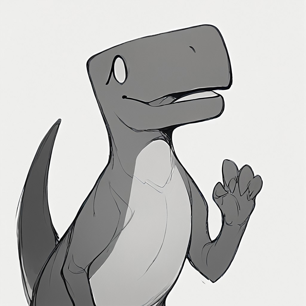 score_9, score_8_up, score 7_up, digital art, male focus, solo, (flat color:2), dinosaur (google chrome), upper body, standing, dynamic pose:2, tail, tail, monochrome, greyscale, looking at viewer, standing