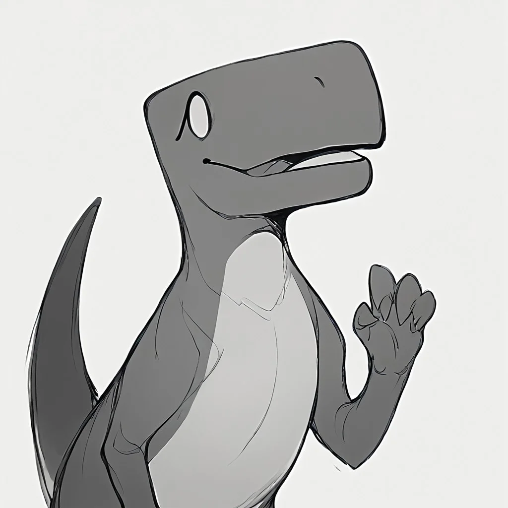 score_9, score_8_up, score 7_up, digital art, male focus, solo, (flat color:2), dinosaur (google chrome), upper body, standing, dynamic pose:2, tail, tail, monochrome, greyscale, looking at viewer, standing