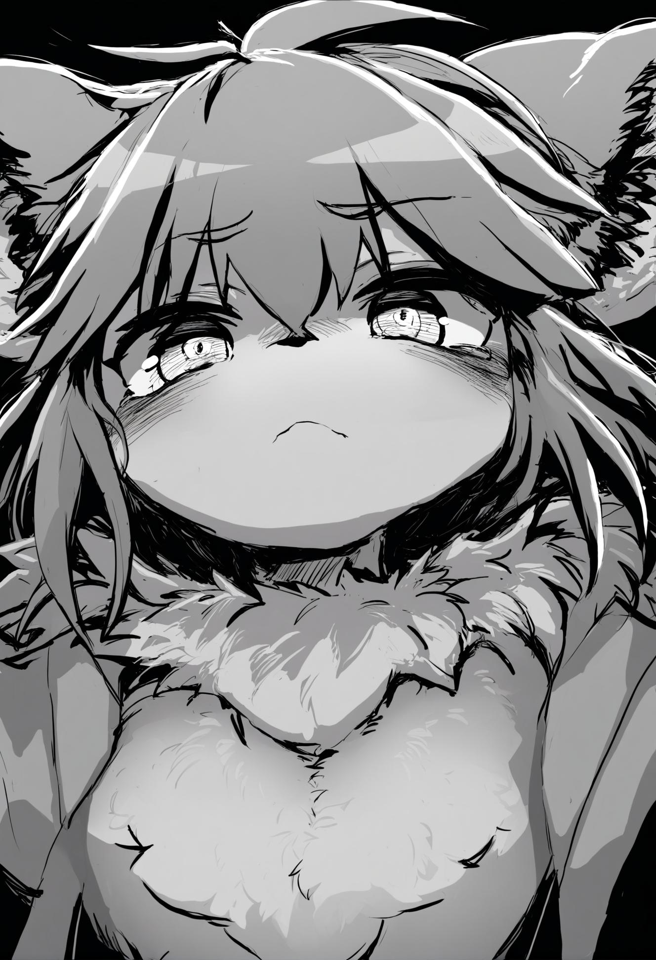 masterpiece, hyper detailed, best quality,(furry:1.3),1girl, solo, white background, looking at viewer, upper body, simple background, bangs, monochrome, closed mouth  ,<lora:DAGASIXLlokr8f-000188:0.95>