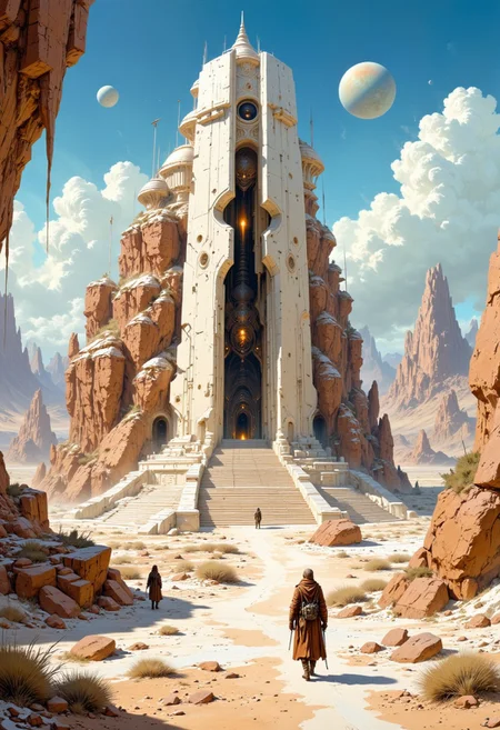 oil painting, rough, textural, broad brush strokes, of alabaster and marble temples on a bleached, faded alien landscape, featuring travellers walking towards the nearest temple, mythp0rt