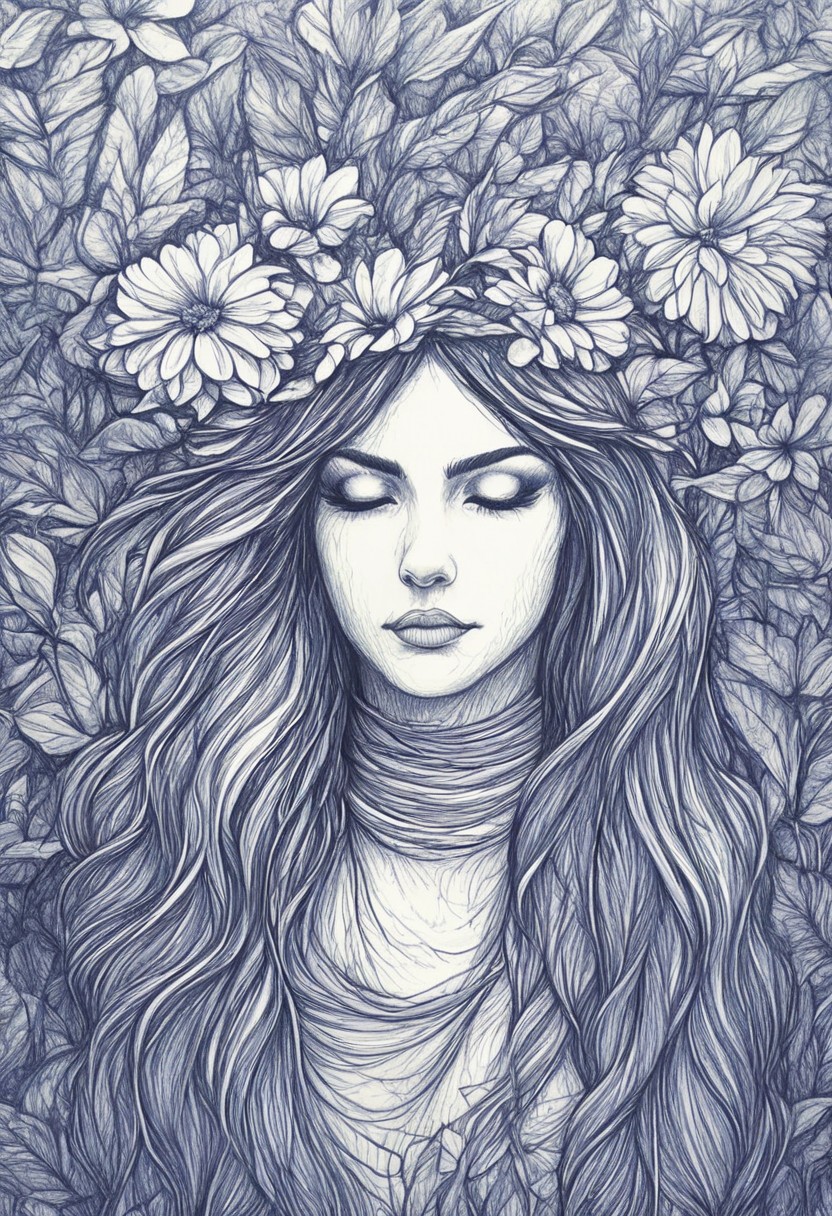 novuschroma42 style ballpoint pen drawing, a forest nymph, looking at the viewer, long hair, nature, forest, grass, flowers, petals, best quality