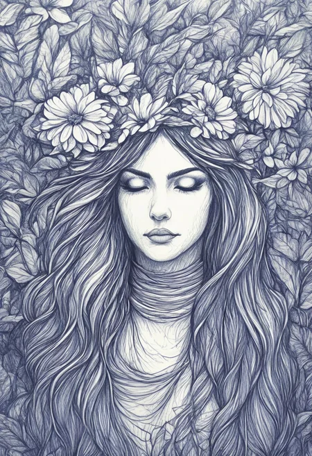 novuschroma42 style ballpoint pen drawing, a forest nymph, looking at the viewer, long hair, nature, forest, grass, flowers, petals, best quality