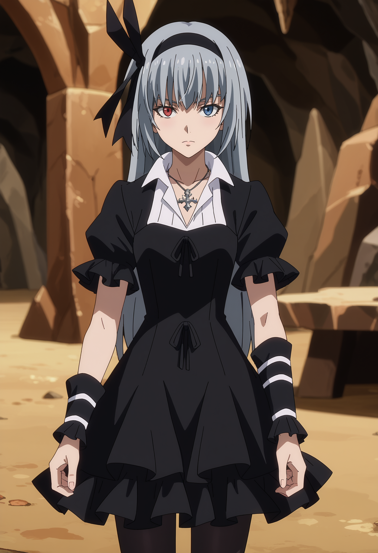 score_7_up, anime screencap,
<lora:TenSura_LuminousValentineXL:0.9>, ValentineTS,
1girl, solo, closed mouth,
long hair, grey hair, heterochromia, red eyes, blue eyes, black hairband, hair ribbon, black ribbon,
frilled dress, black dress, puffy short sleeves, white shirt, cross necklace, arm warmers, black pantyhose,
standing, looking at viewer, cowboy shot,
blurry background, indoors, cave