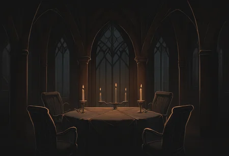 very awa, masterpiece, best quality, hightres, absurdres, pixelPaint, indoors, no humans, luxury, gothic architecture, table, chair, candle, candelight, ambient, window, limited palette, <lora:PixelPaintStylez-IL:1>