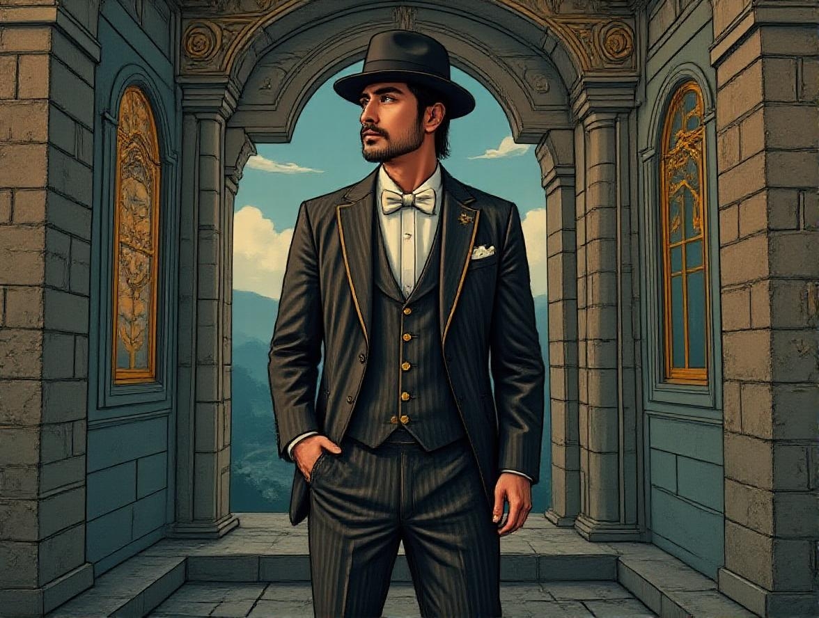 <lora:FolkCartoon.safetensors:1>
In the heart of old Manila, a man stands with an air of timeless elegance, his presence a blend of classic charm and mysterious allure. He is approximately 35 years old, with a lean, poised figure and a smooth, olive-toned complexion. His sharp, chiseled features are framed by neatly combed, dark hair, and his piercing brown eyes seem to hold untold stories. He is dressed in a finely tailored striped suit, the fabric rich and luxurious, with a subtle sheen that catches the light. The suit accentuates his lean build, with the jacket perfectly fitting his broad shoulders and the trousers tapering elegantly to his legs. A crisp, white bow tie adds a touch of formal elegance, while a stylish fedora rests atop his head, casting a soft shadow over his face.
The backdrop is a tapestry of intricate designs, each element suggesting a deep, ancient history. The walls are adorned with ornate carvings and gilded motifs, their surfaces weathered and worn, as if they have stood the test of time. Cool, ethereal blues and silvers contrast with the warm, golden hues of the man's attire, creating a mystical glow that highlights his presence. Shadows dance along the edges, adding depth and a sense of the otherworldly. The lighting is soft yet dramatic, casting a diffused glow that transforms the scene into a cinematic, fantastical vision. Each texture is meticulously detailed, from the rugged, weathered walls to the delicate, ornate patterns, all suggesting a narrative of power, history, and hidden secrets.