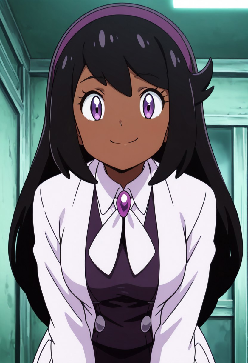 masterpiece, best quality, solo, curvy, beautiful eyes, girl, solo, smile, looking at viewer, dynamic pose, from below, (fisheye), foreshortening, close up,  (leaning forward, eye focus, anime screenshot, 
(upper body), white background,
aceZA, purple eyes, dark skin,  skirt, black hair, school uniform, hairband, labcoat,