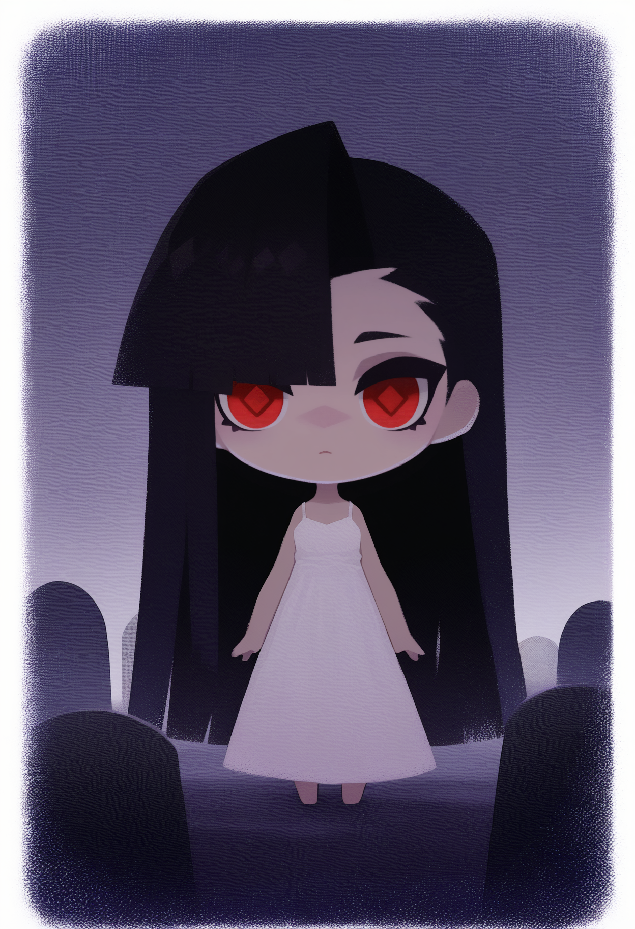 onmyojistyle, chibi, masterpiece, best quality, <break> white border, solo, 1girl, looking at viewer, standing, arms at sides, long hair, black hair, asymmetrical bangs, red eyes, diamond-shaped pupils, long dress, white dress, spaghetti strap, sleeveless dress, bare shoulders, dark background, horror \(theme\), fog, tombstone
 <segment:yolo-Anzhc Face seg 640 v2 y8n.pt,0.4,0.5//cid=1>