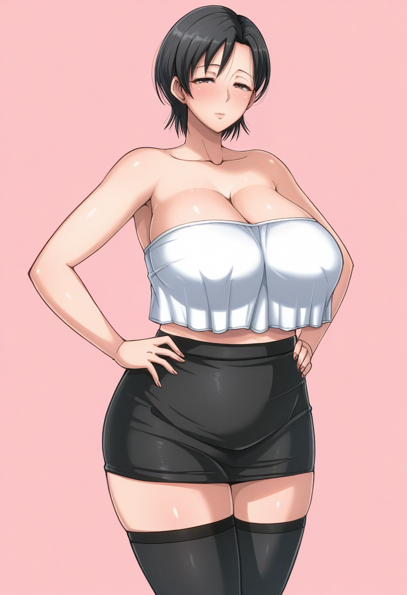 masterpiece, best quality<lora:bkyu:1> bkyo, mature female, 1girl, solo,standing,hands on own hips, looking at viewer, half-closed eyes, blush,black hair, short hair, white tube top, crop top overhang, strapless, thighhighs, zettai ryouiki, collarbone, cleavage, black miniskirt, pink background, simple background, portrait,