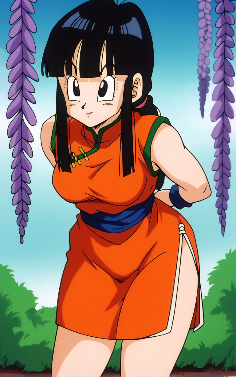 score_9, score_8_up, score_7_up, BREAK
ARTSTYLE_DragonBallZ_ownwaifu,  retro artstyle, 1990s \(style\), 
1girl, black hair, chi-chi \(dragon ball\), black eyes, blunt bangs, blunt sidelocks, china dress, chinese clothes, leg warmers, low-tied long hair, red pants, sleeveless, wristband, breasts, 
(leaning forward, arms behind back), cowboy shot, garden, wisteria, outdoors, <lora:PONY_STYLE_DragonBallZ_ownwaifu:0.85> , depth of field, solo,