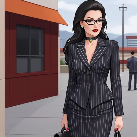 <lora:PhantomLady_pony_v1:.8>PhantomLadyCostume, 1girl,  medium breasts, black hair,  lipstick, makeup, long hair,  cowboy shot,  <lora:0856 OL professional suit skirt 1_v1_pony:1> ruanyi0856,striped jacket,choker,black pantyhose,striped skirt,glasses,black skirt,pinstripe pattern