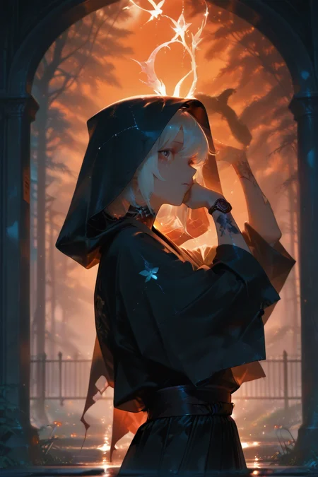 <lora:ponyv6_noobV1_2_adamW:1>
<lora:USNR_STYLE_ILL_V1_lokr3:0.3>
<lora:Dark_Angel_IL:1>
(looking at viewer:1.2)
black kimono, closed mouth, arm tattoo, bat, male focus, watch, hand on own face, bunny, autumn leaves, orange flower, white hair, saint quartz \(fate\), tanabata, constellation, orange sky, hakama skirt, neck tattoo, pocket watch, arms up, butterfly net, fireflies, parted lips, torn clothes, library, blood, head wings, water drop, hood up, fence, wings, flaming weapon, profile, anchor, animal, soap bubbles, blood on clothes