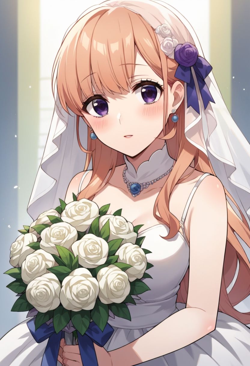 score_9, score_8_up, score_7_up, source_anime,ririna sanada, 1girl, solo, long hair, looking at viewer, blush, dress, ribbon, holding, jewelry, purple eyes, hair ribbon, flower, earrings, white dress, veil, bouquet, wedding dress, bridal veil, holding bouquet, bride