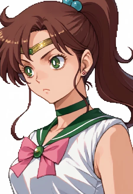 score_9, score_8_up, score_7_up, source_anime, 1girl, solo, expressionless
<lora:zs_DevilSurvivorPortraitsXL:1> devilsurvivorportraits, portraits, white background
 <lora:sailorjupiter-pdxl-nvwls-v1:1> slrjup, brown hair, high ponytail, green eyes, hair bobbles, earrings, circlet, choker, white shirt, sleeveless, green sailor collar, white leotard, pink bowtie, brooch,
