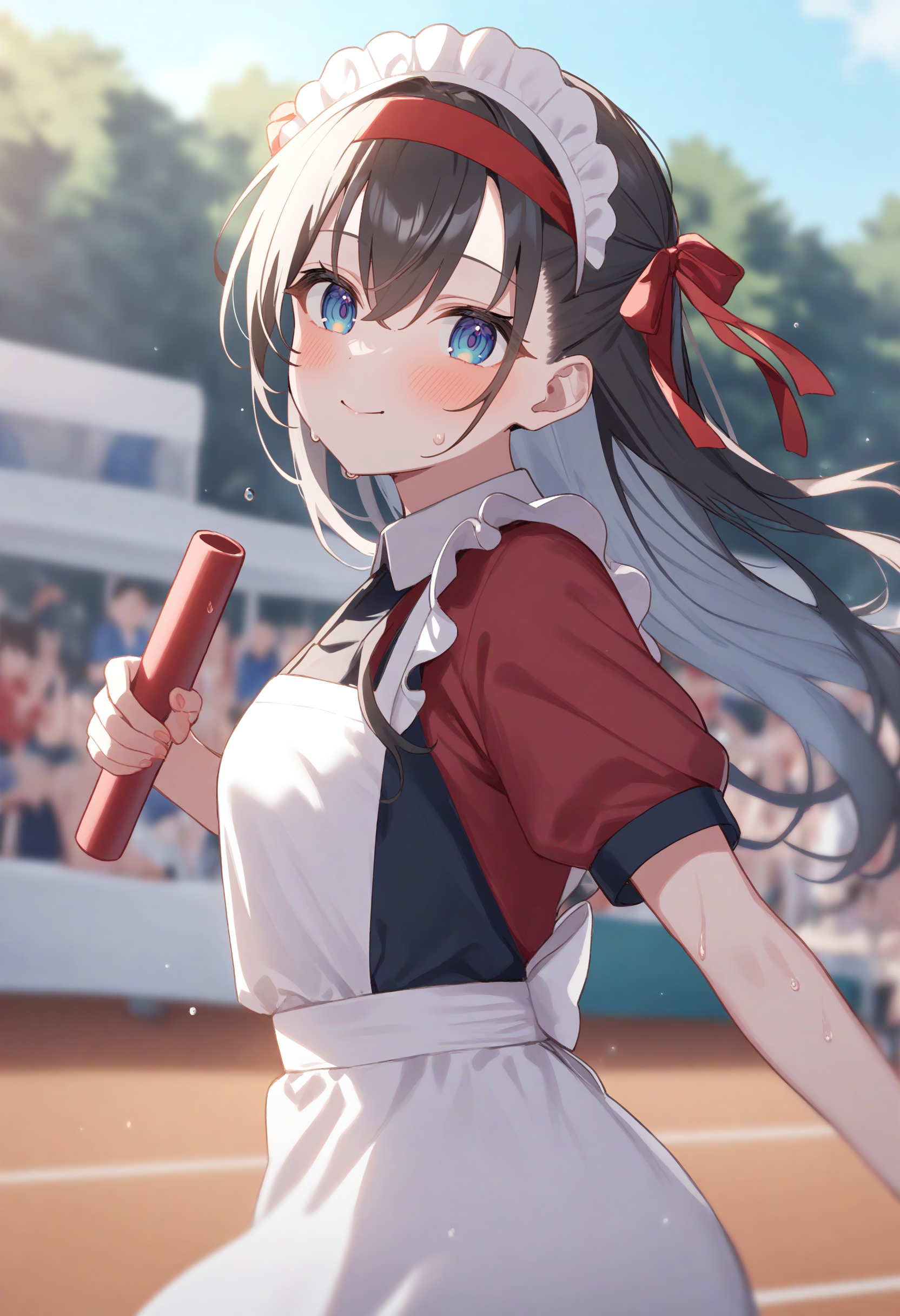 1girl,sincos, ningen mame, toosaka asagi,solo,medium breasts,20yo,maid,maid headdress,
relay baton, holding,day, outdoors, sports festival, red headband,running, sweat, <lora:relaybaton_XL_v1:0.8>
from side, cinematic angle, looking ahead, gray hair, white eyes,sad smile,  closed mouth, disheveled hair,,
best quality, very aesthetic, absurdres