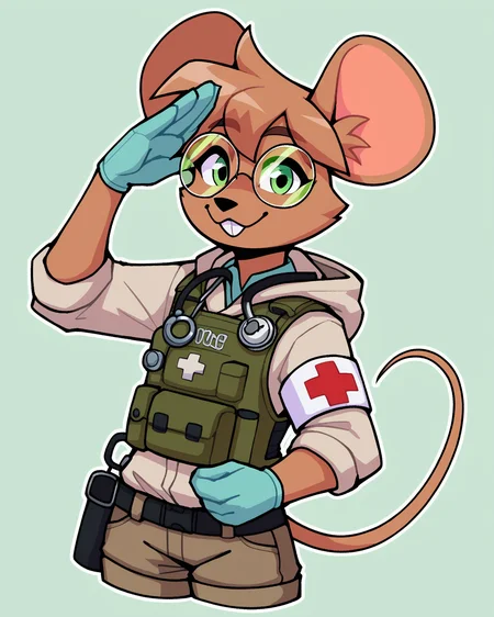 score_9_up, score_8_up, score_7_up, score_6_up, by remanedur, furry female, half-length portrait, mouse, green eyes, body armor, round glasses, stethoscope, brown hair, armband, tail, brown fur, black thigh highs, buckteeth, gloves, medic, cargo shorts, (salute), looking at viewer, hoodie, uniform, short hair, happy, smile, solo, three-quarter view, simple background, white outline <lora:Leah_Pines(AIM)_XL_v1:0.15> <lora:PDXL_artist_tags_v2_big:0.5> <lora:The-Minuscule-Task_PDXL_v1.0:0.6> <lora:Diana_Engel_v2_WirelessShiba:0.65>
