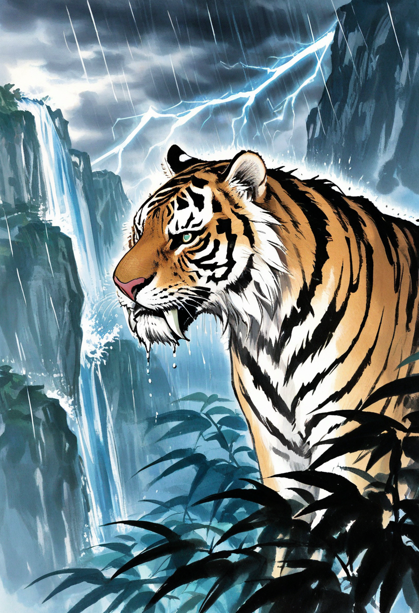 no humans, (close-up:1.75), serious, saber-toothed tiger, from side,
BREAK
waterfall, day, minimalism, cloudy sky, storm, thunder, darkness, night, rain, wet, wet hair,
BREAK
<lora:Ink_wash_painting_style_v1.5:1>, traditional media,
BREAK
best quality, masterpiece, very aesthetic, absurdres, highest detailed, very awa, detailed background,