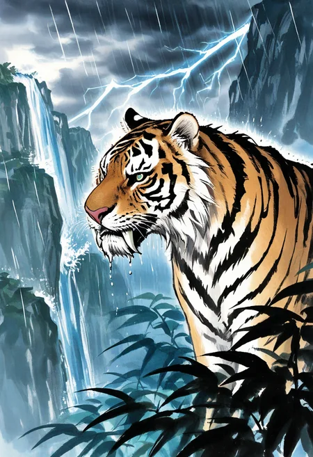 no humans, (close-up:1.75), serious, saber-toothed tiger, from side,
BREAK
waterfall, day, minimalism, cloudy sky, storm, thunder, darkness, night, rain, wet, wet hair,
BREAK
<lora:Ink_wash_painting_style_v1.5:1>, traditional media,
BREAK
best quality, masterpiece, very aesthetic, absurdres, highest detailed, very awa, detailed background,