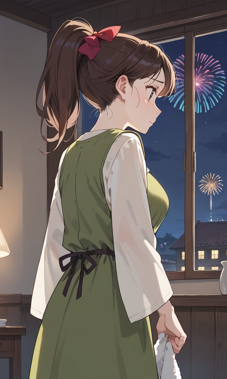 (1girl:1.5), (solo:1.3), (score_9, score_8_up, score_7_up, score_6_up, score_5_up, score_4_up), (source_anime), rating_questionable,
 (black eyes, dark blue pupils, eyelashes, brown hair, swept bangs, long hair, sad), <lora:shin-derayla-maid_v1:1> (shin-derayla-maid), (ponytail, red hair bow, green dress, pinafore dress, miniskirt, long sleeves shirt, wide sleeves), (large breasts),
night, indoors, night sky, fireworks, building, holding towel, 
looking at window, from behind,  western-style room