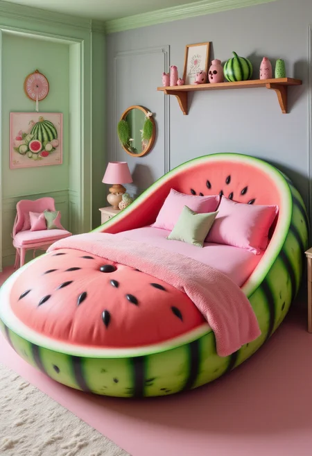 <lora:Custom_Bed_Manufacturer_FLUX:0.9>  
This image is a photograph of a whimsical, surreal bedroom designed to resemble a watermelon. The room is painted in various shades of green and pink, with walls and furniture matching the color theme. The bed, which is the central focus, is shaped like a giant watermelon with a large, round, button-like indentation at the foot. The pillows are a deep pink, and a plush pink blanket is draped over the bed. The bed is positioned against a wall with a light gray, textured finish. Above the bed, a wooden shelf holds various decorative items including a framed picture, a small vase, and a ceramic figure: all watermelon themed.