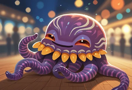 score_9, score_8_up, score_7_up, source_anime, 1boy, solo, orthros, monster, tentacle, pikaole, chibi, cute, adorable, dreamy, smile, colorful, bokeh, depth of field, blurry background,