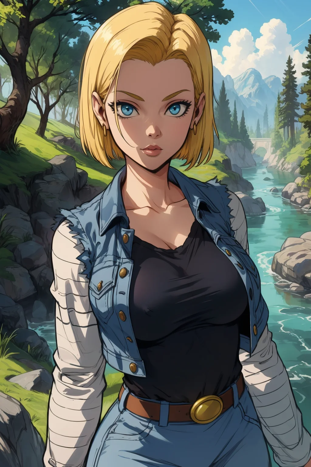 1girl, (solo:1.2), (looking at viewer:1.5), (upper body:1.5), (walking:1.2), (cowboy shot:1.5), (masterpiece:1.3), (best quality:1.3), (perfect anatomy:1.4), highly detailed, (secluded river scenery:1.2), (sunlight through trees:1.3), daylight,natural rock formations, nature,, <lora:DB - Android 18 [AsuraAI - v1.0]:0.85> android18, earrings, denim, belt, blonde hair, blue eyes, short hair, jewelry, (denim vest:1.2), open vest, black pantyhose, black shirt, denim skirt, (white striped long sleeves), blue skirt, large breasts, <lora:Hews [MockAi - v1.0]:1> hews, (sketchy artstyle:1.3), (muted colors:1.2), simplified shading, (saturated hues:1.2)