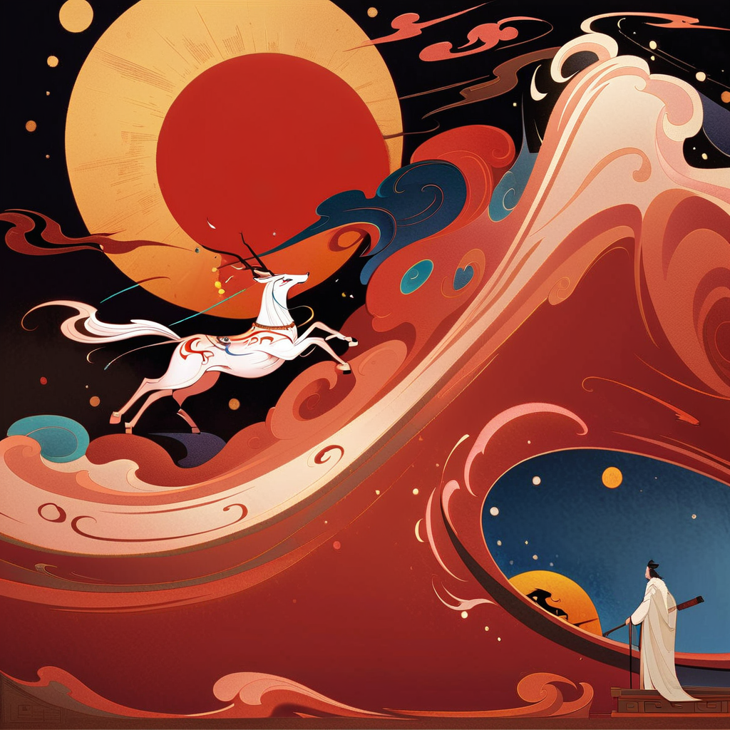Chinese traditional art style  Man holding a stick  Red cloud  White deer  Blue water  Black dragon  Yellow sun  Chinese characters  Ink painting  Scroll painting  Hand-painted  Ancient costume  Gold decoration  Silver decoration  Blue cloud  Red cloud  White cloud  Black cloud  Gold sun  Silver moon, <lora:Chinese_myth_animagineXLV31:0.85>
