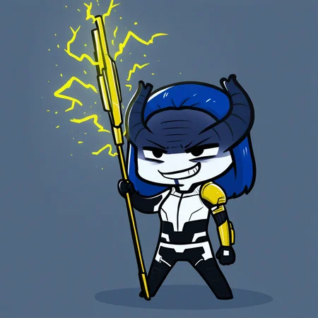 safe, masterpiece, very aesthetic, phdpigeon, chibi, simple background
BREAK 1girl, proximamcu, colored skin, bodysuit, shoulder armor, holding staff, evil grin, electricity
<lora:ProximaMidnight-MCU_NAIXL_v10-000030:1>