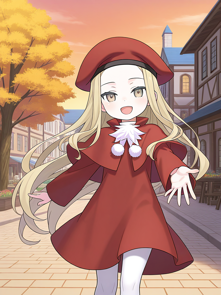 general,highres, game cg, ultra-detailed,very aesthetic,best quality ,best hands,  BREAK <lora:Belfraw_Martini_IS:1>
Belfraw_Martini, 1girl, solo, very long hair, blonde hair, gray eyes, happy,
red beret, bangs, short stack, 1girl, solo, open mouth, pom pom (clothes), 
capelet, sky, :d, looking at viewer, long sleeves, white pantyhose, red dress, outdoor, town, tree, smile, looking at viewer, cowboy Shot,