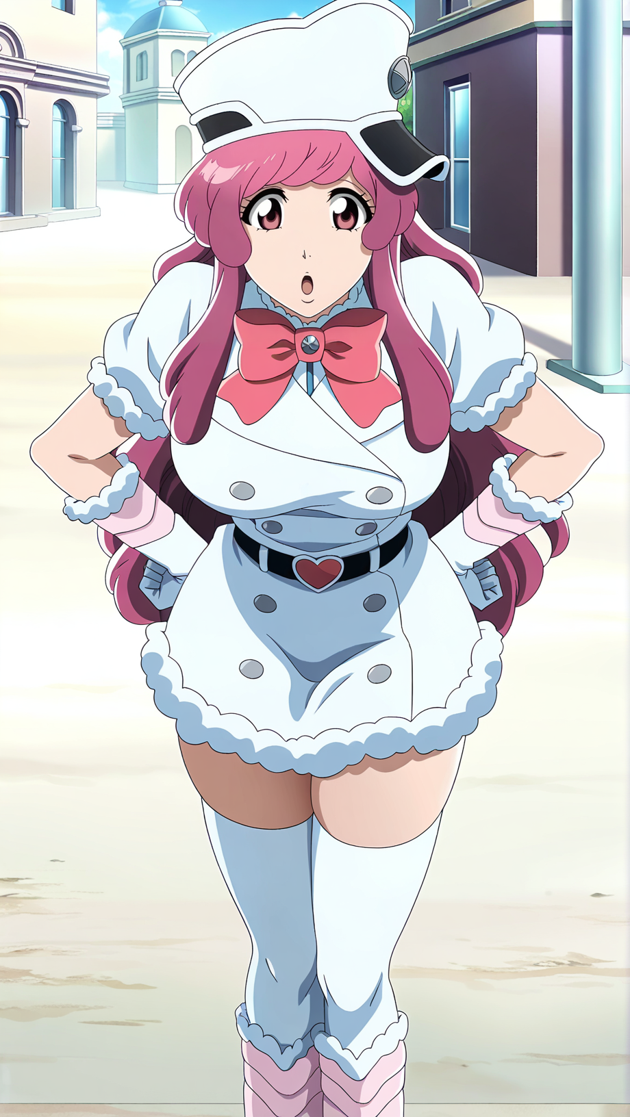 source_anime, masterpiece, best quality, amazing quality, anime screencap, high quality, 8k, absurdres, official style, day, <lora:Meninas_McAllon_iL:1>, m3n1n45 mc4110n, pink hair, pink eyes, long hair, sternritter outfit, breasts, large breasts, thighhighs, gloves, hat, bow, heart, boots, belt, white thighhighs, zettai ryouiki, shako cap, gloves, boots, looking at viewer, standing, leaning forward, :o