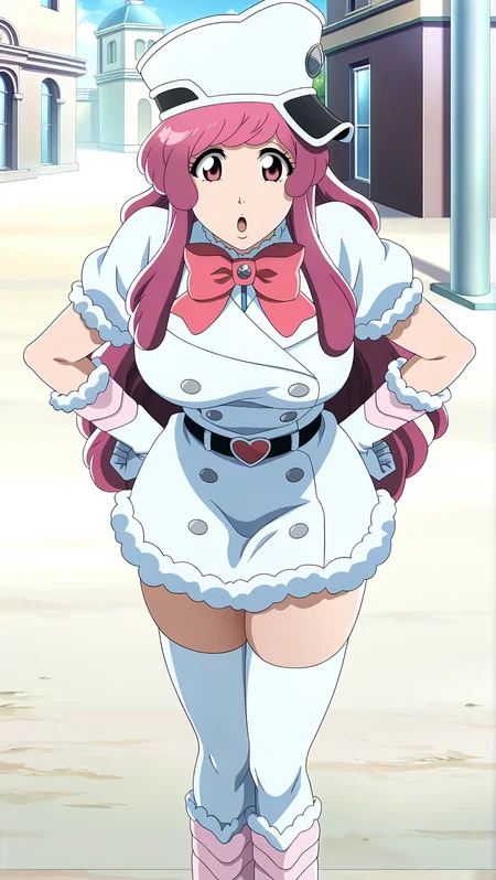 source_anime, masterpiece, best quality, amazing quality, anime screencap, high quality, 8k, absurdres, official style, day, <lora:Meninas_McAllon_iL:1>, m3n1n45 mc4110n, pink hair, pink eyes, long hair, sternritter outfit, breasts, large breasts, thighhighs, gloves, hat, bow, heart, boots, belt, white thighhighs, zettai ryouiki, shako cap, gloves, boots, looking at viewer, standing, leaning forward, :o