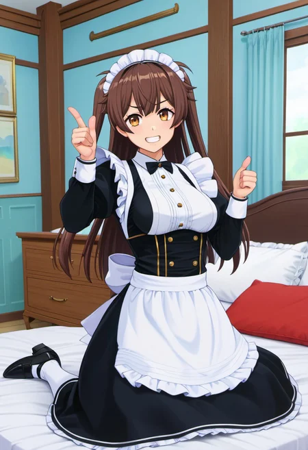 <lora:pony_xl_muku:0.8>,muku,score_9,source_anime,best quality,masterpiece,super fine illustration,1girl,solo,looking at viewer,maid,maid headdress,black dress,puffy sleeves,long sleeves,maid apron,frills,kneehighs,white socks,grin,teeth,thumbs up,,bright girl,fun smile,looking at viewer,sitting,indoors,bed,pillow,bed_sheet,window_,curtains,sitting_on_bed,cowboy_shot,