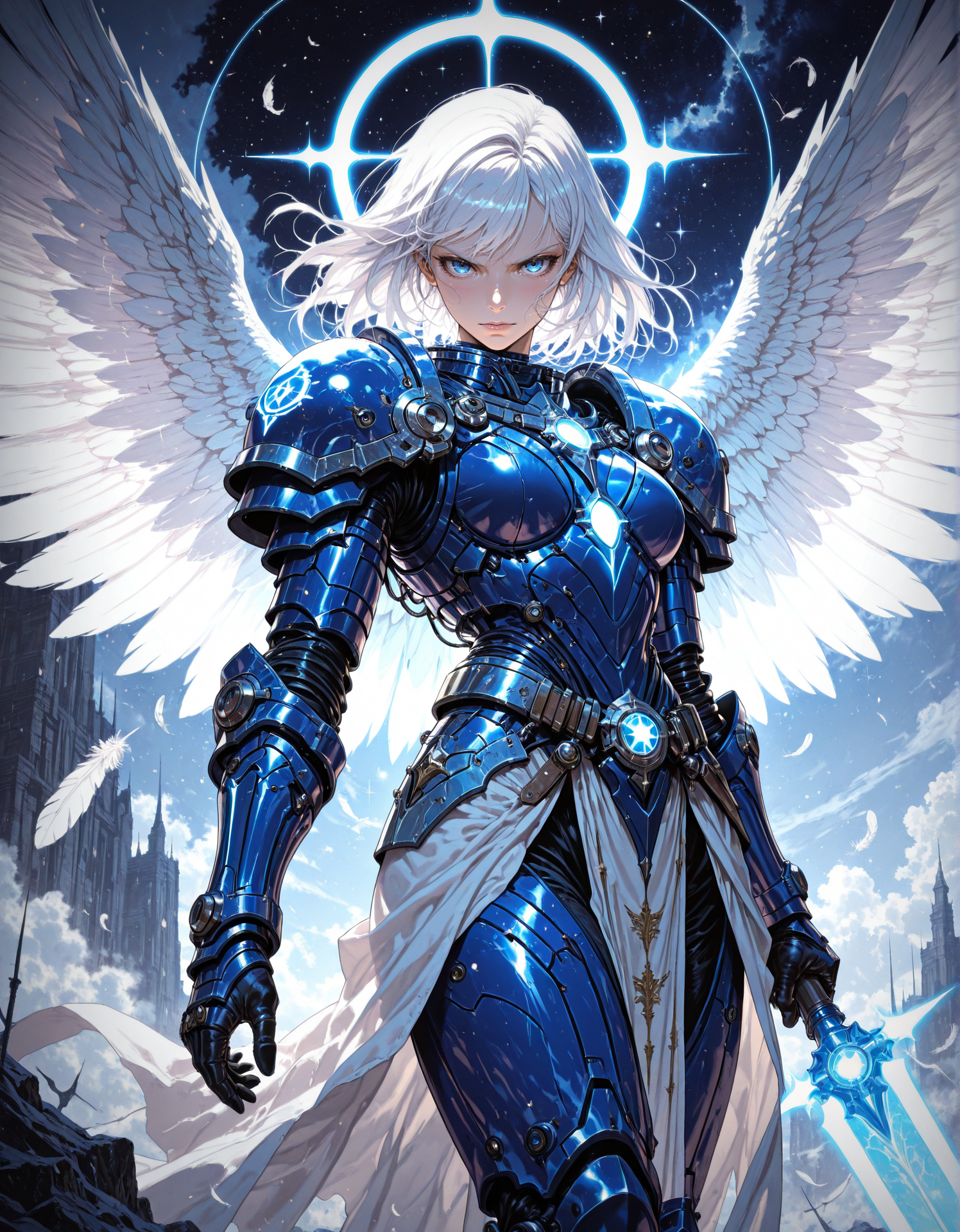 masterpiece, best quality,high quality, newest, highres,8K,HDR,absurdres, 1girl, armor, weapon, wings, angelic wings, feathers, solo, shoulder armor, blue eyes, pauldrons, white hair, looking at viewer, blue power armor, tilted angle  <lora:iLLMythM4gicalL1nes:1> M4gicalL1nes