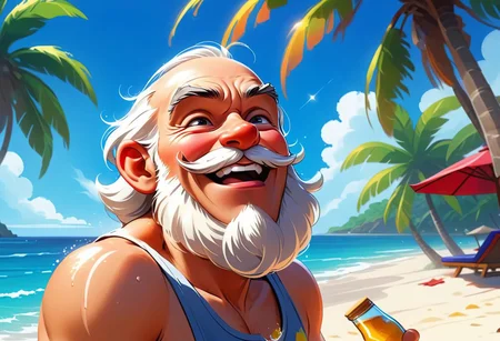 Close-up, high quality, masterpiece, 8k, hdr, rgb, portrait, raw photo, (masterpiece, best quality, detail),
Beach, Santa Claus with his tongue outstretched from thirst and splashes of saliva, palm trees, sun lounger, heat, dripping sweat, well-deserved rest, anime, cartoon,
Greg Rutkowski, Craig Davison, Jenny Saville, Bernie Wrightson, Frank Frazetta,