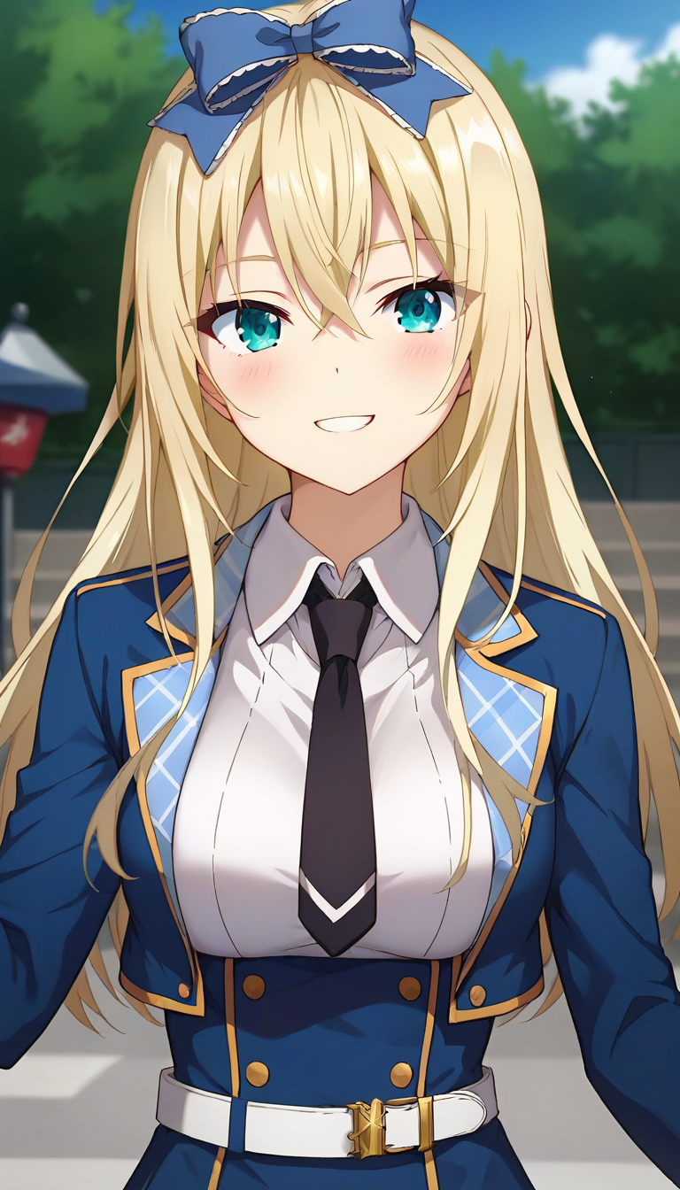score_9,score_8_up,score_7_up,score_6_up BREAK official art,solo,outdoors,upper body,(portrait:1.5),looking at viewer,facing viewer,smile,blush,Fenris Edelritz,long hair,blonde hair,hair bow,blue bow,sidelocks,hair between eyes,aqua eyes,blue jacket,cropped jacket,open jacket,wing collar,black necktie,white shirt,collared shirt,dress shirt,long sleeves,medium breasts,double-breasted,white belt,blue skirt,high-waist skirt,pleated skirt,frilled skirt,brown pantyhose,loafers,black footwear,<lora:Fenris Edelritz(sgmt)-Pony:1.2>,