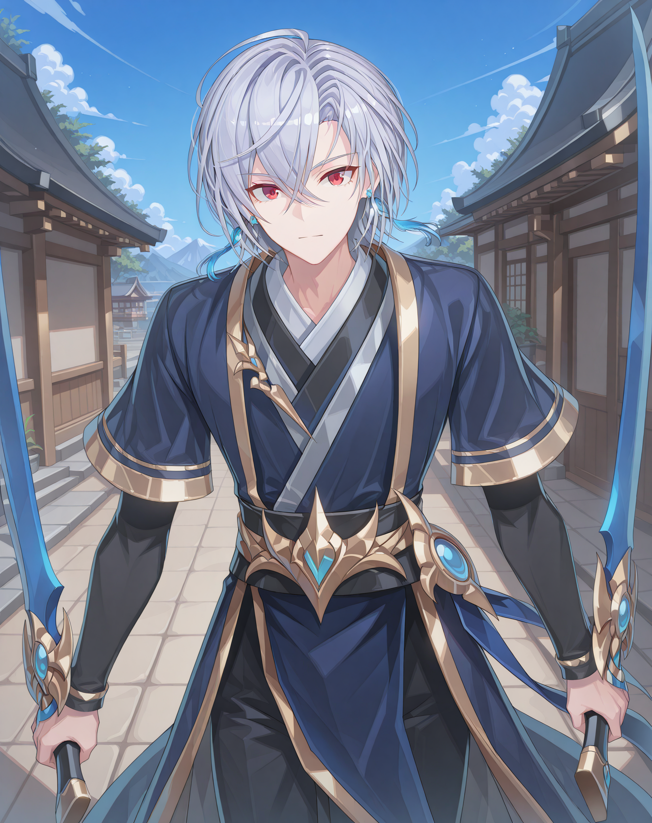 masterpiece, best quality, absurdres, very aesthetic,
1boy, solo, yaoi, male focus,
cowboy shot, upper body, looking at viewer,
<lora:AsinT_Default_ilxl:1>  asintdefault, red eyes, hair between eyes, short hair, grey hair, 
shoes, layered sleeves, black pants, short over long sleeves, grey footwear,
holding weapon, holding sword, dual wielding,
earrings, jewelry, 
outdoors, day, blue sky,