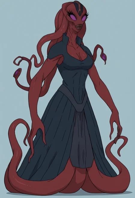 score_9, score_8_up, score_7_up, score_6_up, score_5_up, score_4_up, 1girl, <lora:LucyGOTG:0.85> solo, colored skin, red skin, purple eyes, no pupils, eyelashes, lips, monster girl, alien, tentacles, tentacle hair, dress, cleavage, full body, standing,
(light blue background), simple background,