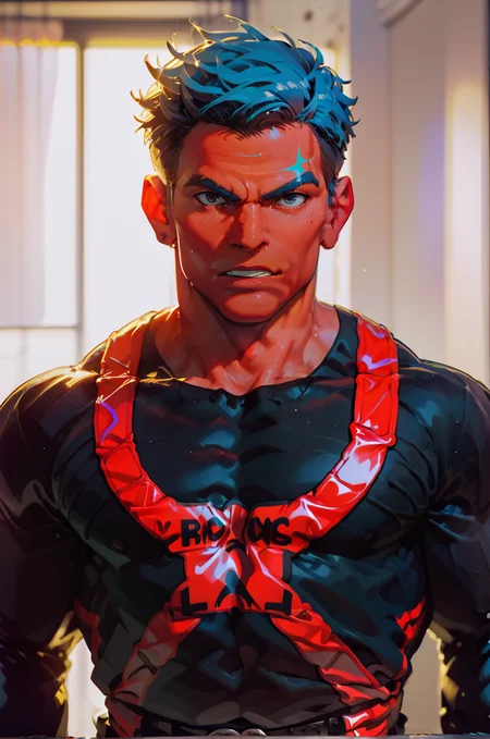 Pop Art style <lora:Anime Summer Days 2 Style SDXL_LoRA_Pony Diffusion V6 XL:1>, one male man, short hair, angry face, looking at viewer, heavy colors, broad shoulders, muscle definition, front view, indoors, upper body <lora:art-v5:0.5> <lora:incase-ilff-v3-4:0.7> <lora:zavy-flrscnc-sdxl:1> <lora:SDXLHighDetail_v5:0.4>, score_9, score_8_up, score_7_up . bright colors, bold outlines, popular culture themes, ironic or kitsch