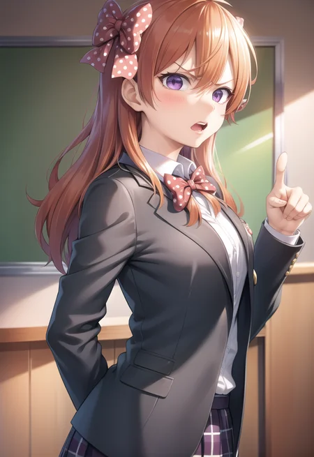((masterpiece)), (best quality), (detailed), chiyo_sakura, polka dot bow, school uniform, blazer, (angry, mad:1.2), pointing at viewer, hand on hip, pov, <lora:chiyo-20:0.7>