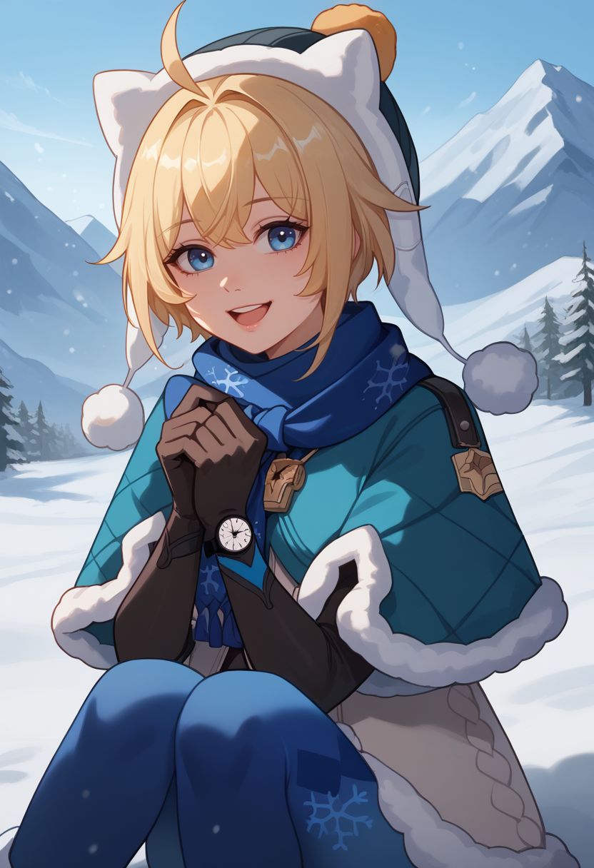 score_9, score_8_up, score_7_up, source_anime, 1girl, lynxlandaudef, blue eyes, blonde hair, short hair, ahoge, hat, blue scarf, fur trim, fur-trimmed capelet, blue capelet, white jacket, winter clothes, blue pantyhose, snowflake print, black elbow gloves, watch, fur-trimmed boots, sitting, in snow, legs together, looking at viewer, outdoors, snow, mountain, smile, open mouth, close-up, upper body, <lora:LynxLandau_v1-000010:1>