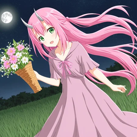 oni horns, shuna_tensura, long pink straight hair in a ponytail, dark live green eyes, wearing a long simply grey dress holding flowers in a basket in one hand, appears to be dancing under the moonlight