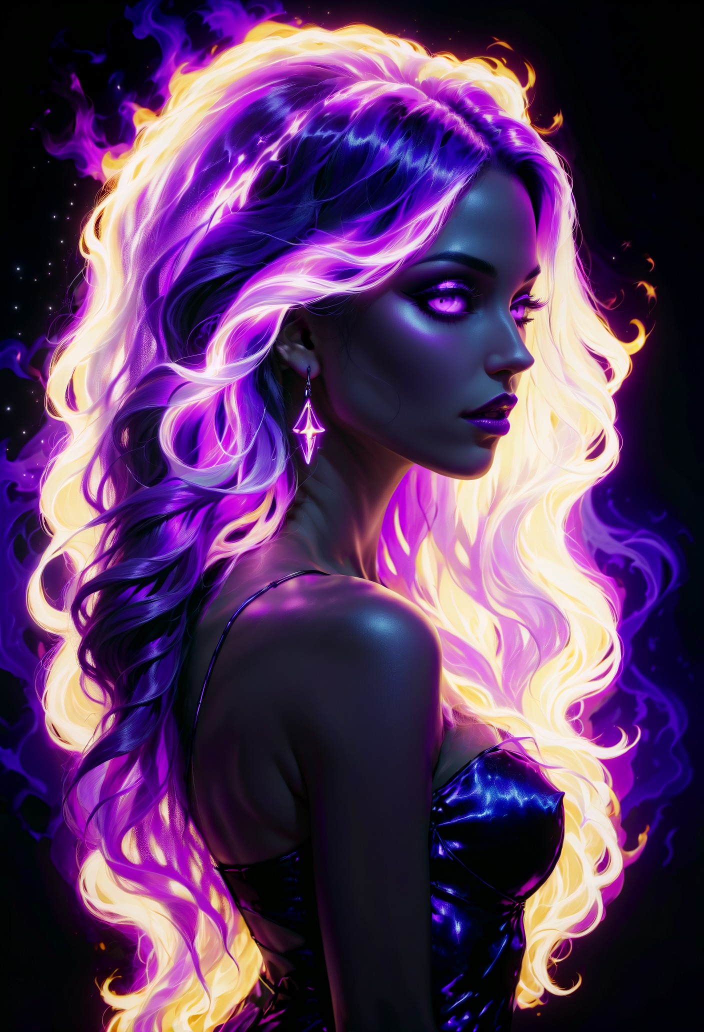 a pitch black setting with a silhoutte of a beautiful long haired woman lit up by a purple hue, magical, silhouette, purple theme, abstract, purple neon, beautiful, perfect anatomy, reflection, retraction, ephemeral, purple flame hair  <lora:sdxl\add-detail-xl> <lora:sdxl\xl_more_art-full_v1> <lora:sdxl\zavy-hrglw-sdxl:0.35>, zavy-hrglw, neon purple hair