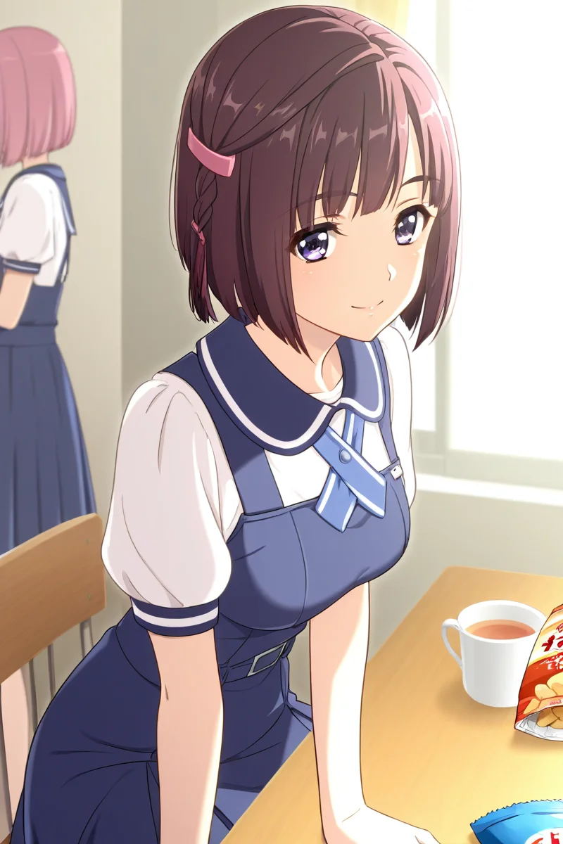 in cafe, (kimura manatsu, short hair, skirt, brown hair, shirt, single side braid hair, pink hair clip on right side, single braid on right side, bob-cut, sitting, table with snack, a cup of tea, school uniform, standing, purple eyes, white shirt, short sleeves, (blue pinafore dress), puffy sleeves, indoors, cowboy shot) 1girl, best quality, cowboy shot, seductive smile, Overall Detail, (slim, looking at viewer, young-adult), large breast, Fix hand <lora:Kimura_Manatsu_ATSK_illus:1>