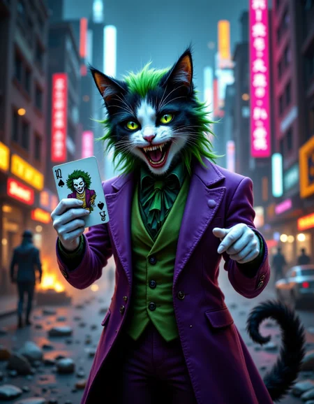 A black-and-white tuxedo cat with green fur on its head, wearing a purple suit and smeared makeup. The cat is laughing maniacally, holding a playing card in one paw. The background is a chaotic cityscape at night, with neon lights reflecting off the cat's fur. The card is a joker, with a sinister grin. The cat's eyes are wide and wild, and its tail is flicking erratically. The city is in disarray, with fires and explosions in the distance. The image should capture the madness and chaos of the Joker, with a playful twist from the cat's anthropomorphic features,  <lora:aidmaFLuxPro1.1_v0.3:0.7> aidmafluxpro1.1,  <lora:Hocus Pocus:1>,  <lora:aidmaImageUpraderv0.3:0.4> aidmaimageupgrader,