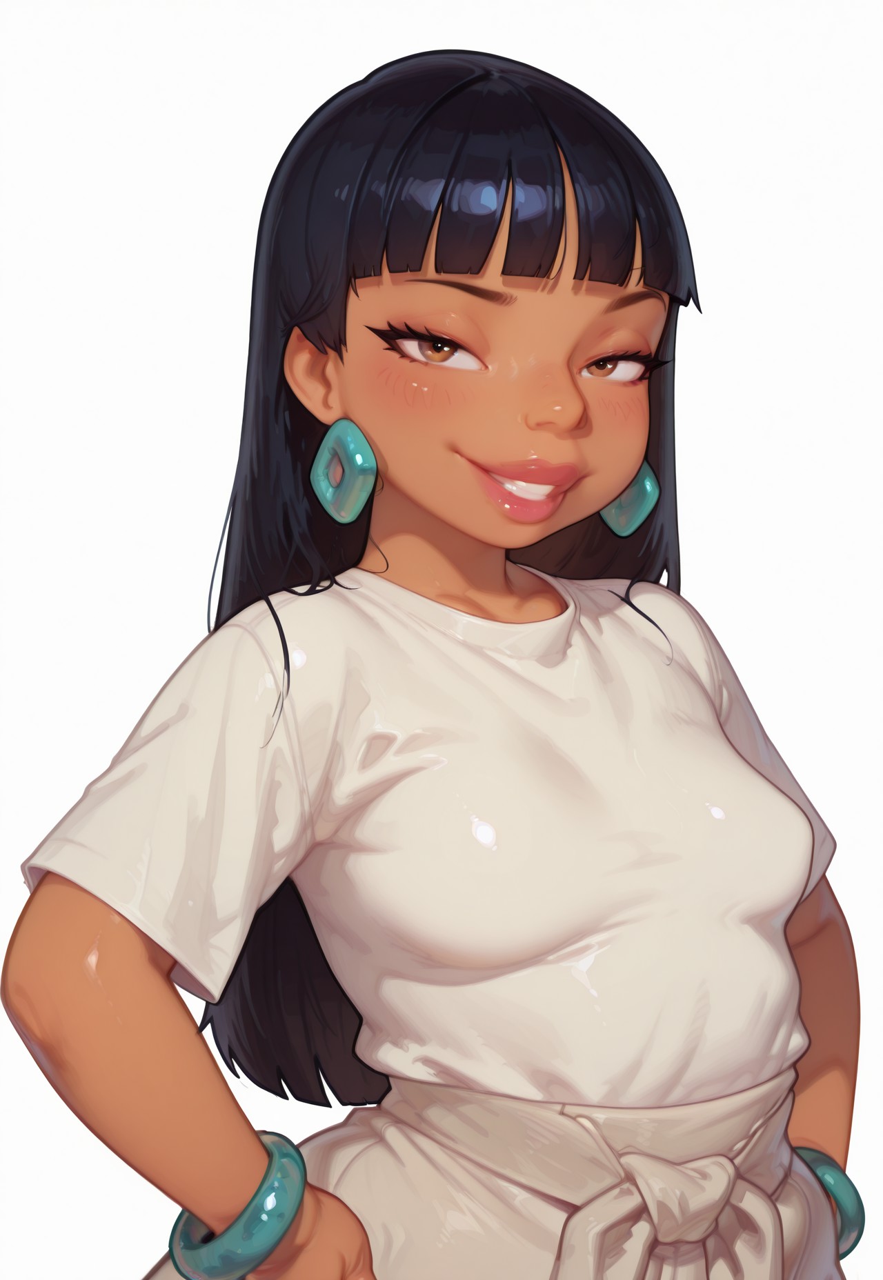 4k, fine detail, high quality eyes, masterpiece, best quality, amazing quality, newest, CG, illustration, very aesthetic, high resolution, geh1, 4s0r4, eigaka, possmach, artist:moriimee, 1 girl, solo girl, small breasts, wide hips, curvy, plump, Chel_XL, jewelry, earrings, bracelet, blunt bangs, lips, thick lips, front view, upper body, hands on hips, seductive grin, blush 