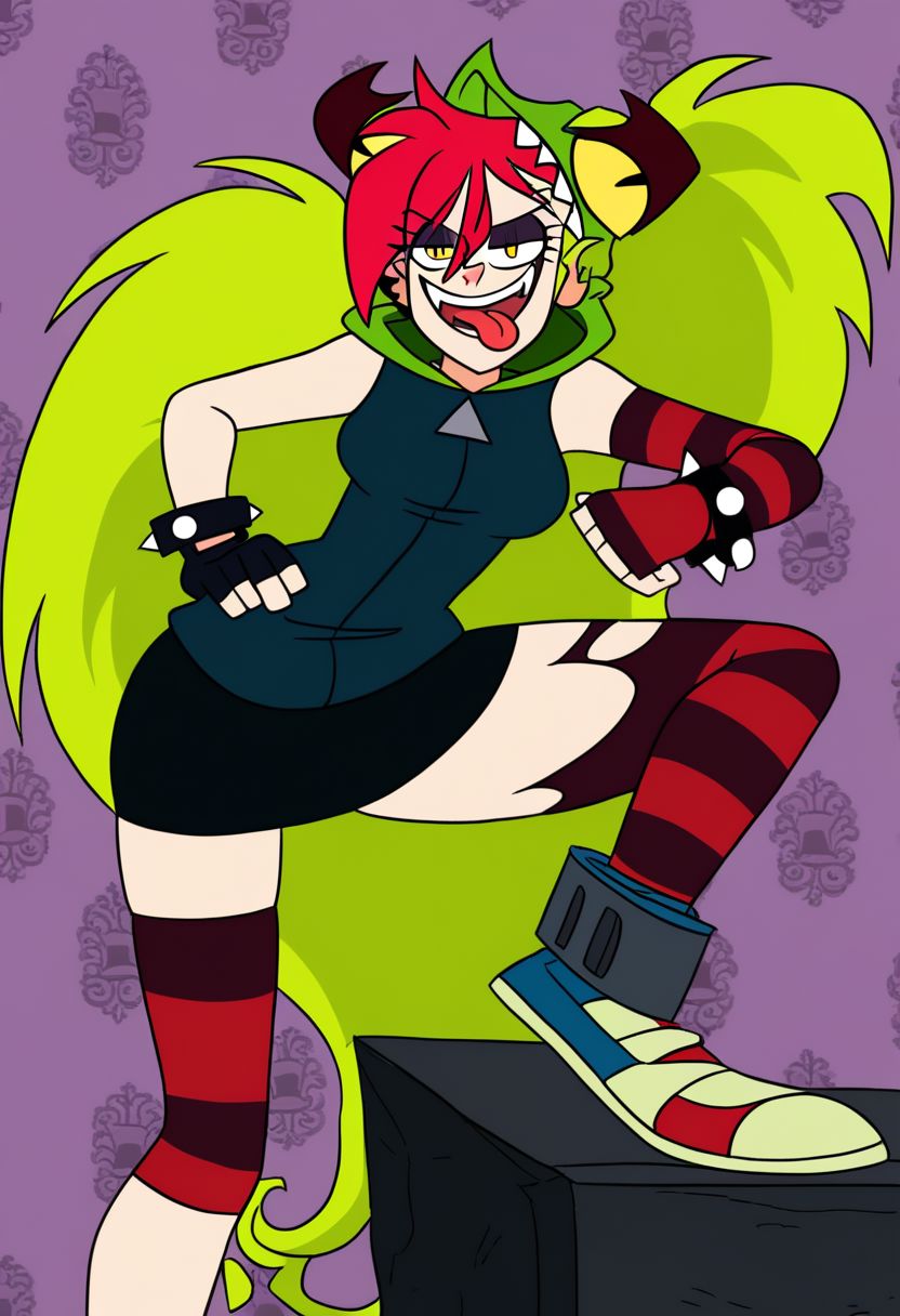 demencia, red hair, green ponytail, striped thighhighs, single striped sock, anklet, green monster hood, yellow eyes, sharp teeth, dark blue hoodie, single striped sleeve, red sneaker, blue sneaker, black skirt, smile, eyeshadow, spiked bracelet, zipper pull tab, torn pantyhose, glove, tongue out, getting drunk on St. Patrick's day in an Irish pub