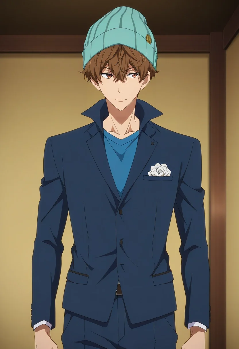 masterpiece, best quality, intricate details, anime screencap, anime coloring, official style, , 1boy, solo, male focus, <lora:natsuya_kirishima_ilxl:0.9>, natsuya_kirishima, brown hair, brown eyes, short hair, hair between eyes, bangs, , suit trousers, beanie