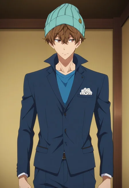 masterpiece, best quality, intricate details, anime screencap, anime coloring, official style, , 1boy, solo, male focus, <lora:natsuya_kirishima_ilxl:0.9>, natsuya_kirishima, brown hair, brown eyes, short hair, hair between eyes, bangs, , suit trousers, beanie