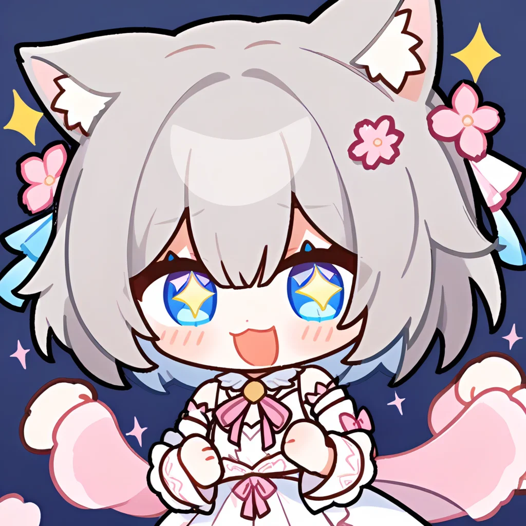 1girl,solo,cherry blossoms,hair flower,pink flower,hair ribbon,cat ears,animal ear fluff,grey hair,short hair,bangs,blue eyes,hair between eyes,eyebrows visible through hair,blush,neck ribbon,white dress,frilled collar,medium dress,petticoat,detached sleeves,flat chest,
looking at viewer,sparkle,sparkling eyes,front view,:d,^^^,anticipation,hands up,clenched hands,raised forearms,
simple background,blue background,
<lora:ag31-honkai_star_rail_expression_2-000036:1>,